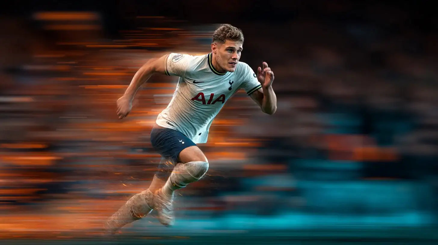Micky van de Ven in Tottenham Hotspur away kit sprinting, orange and teal motion blur suggesting top speed.