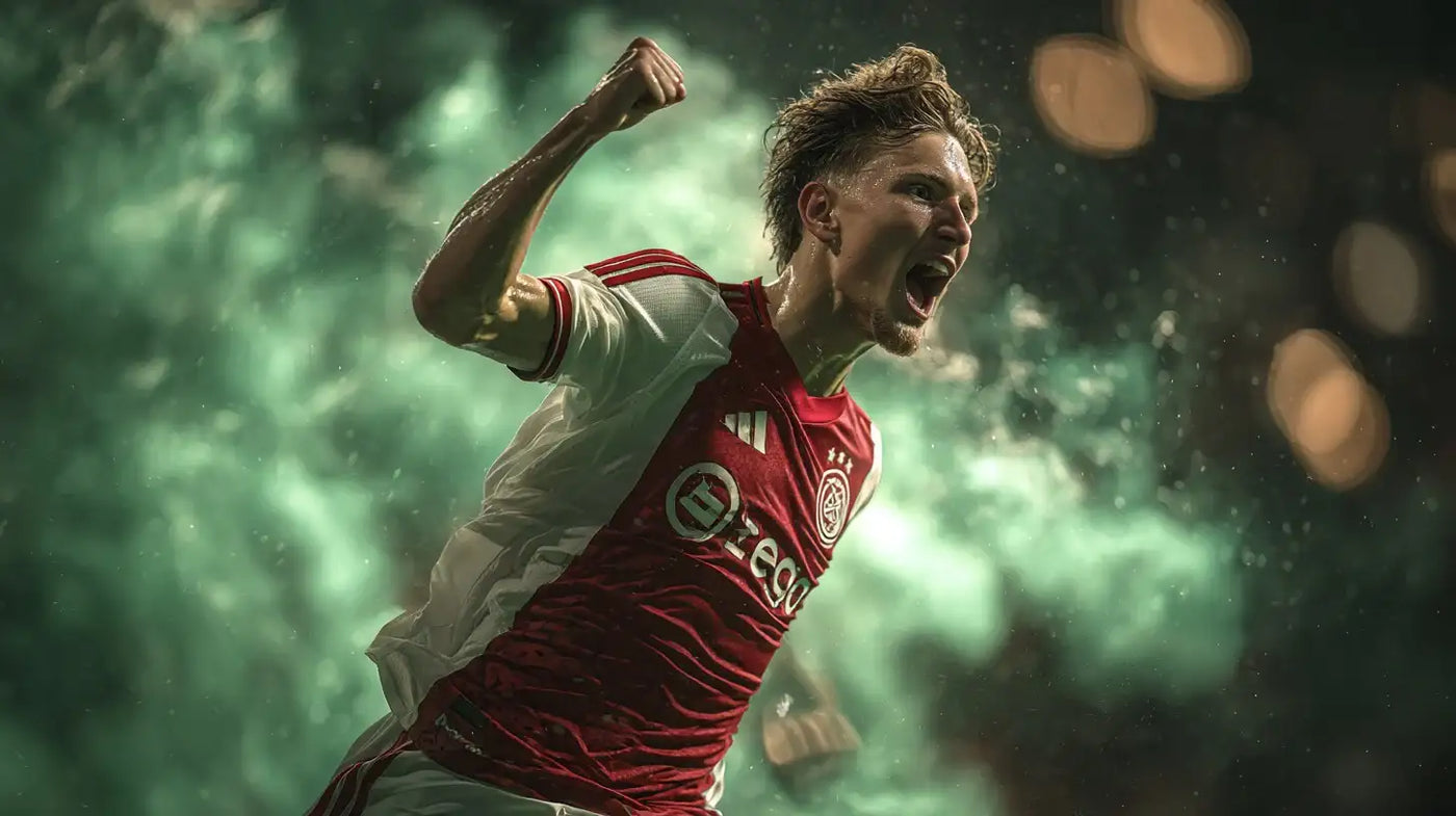 Mika Godts in Ajax home kit screaming in celebration, rain and stadium lights behind him.