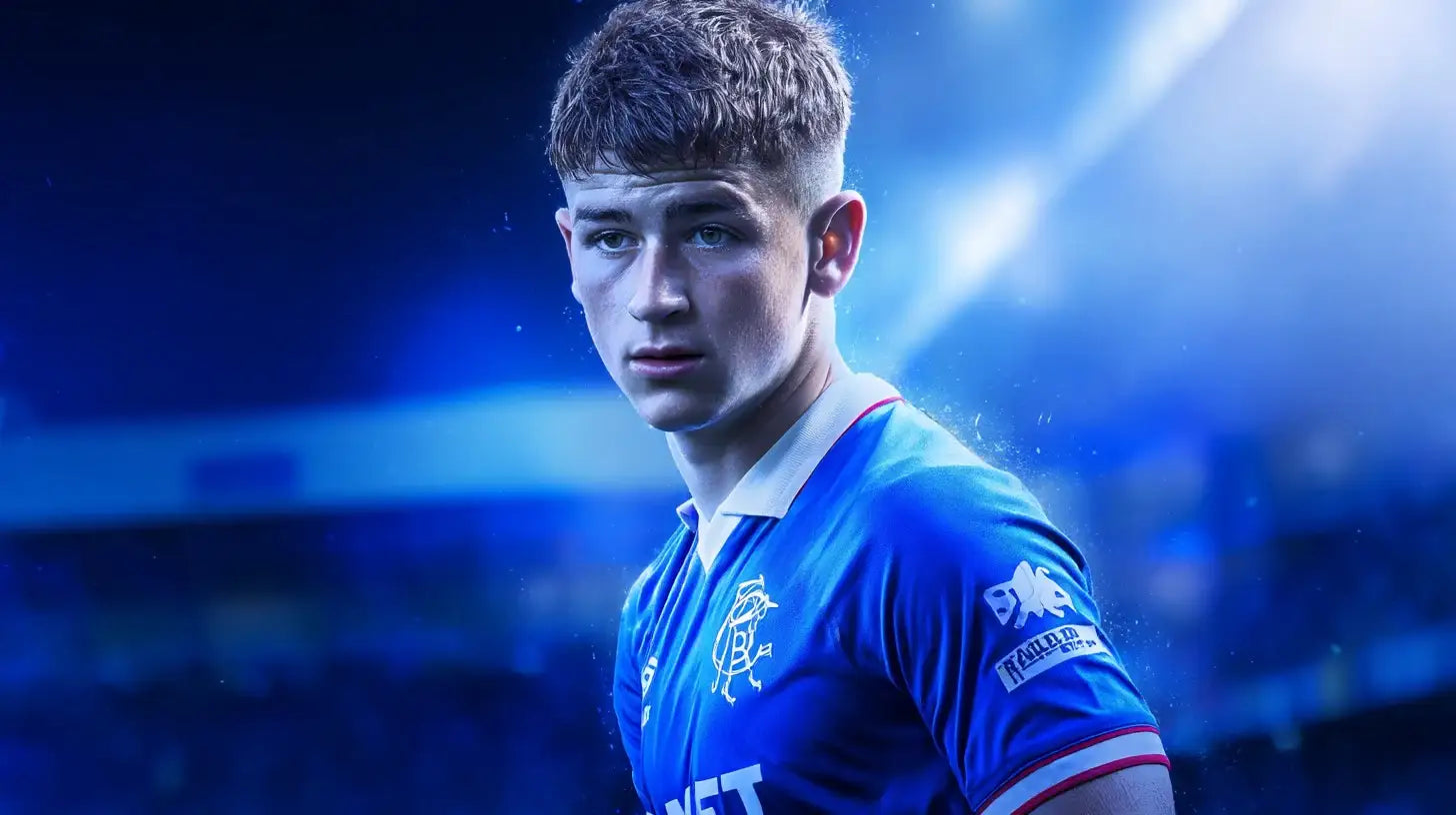 Mikey Moore in Rangers blue home shirt posing under cool blue floodlights at Ibrox.