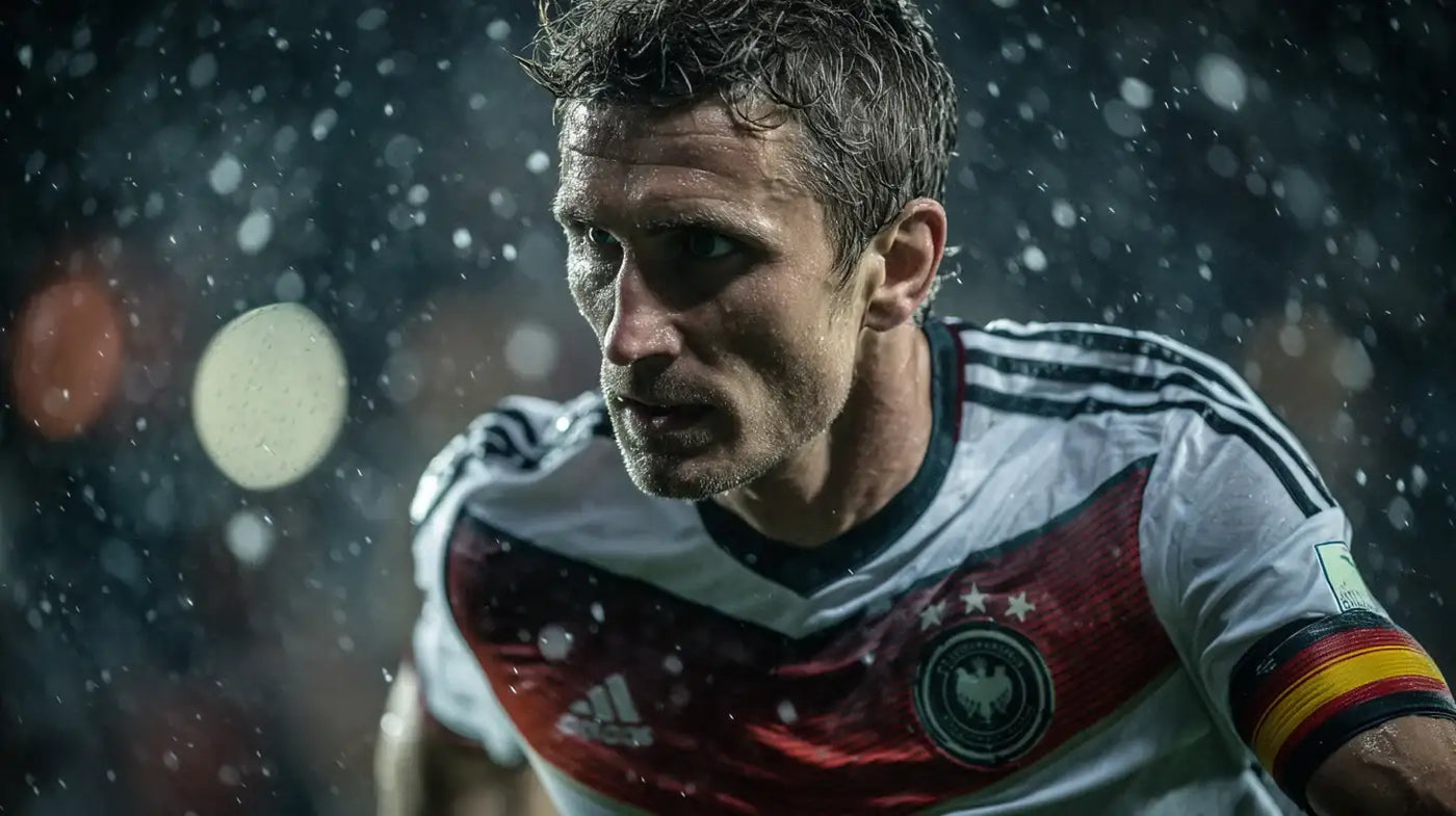 Miroslav Klose Germany close-up match portrait in Germany white kit with red chest band, rain and stadium backdrop.