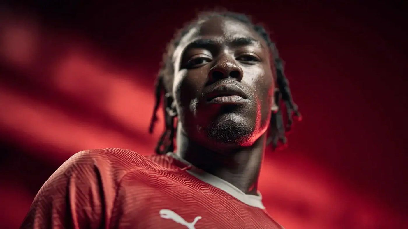 Mohamed Meïté in Stade de Reims red kit looking powerful against a deep red stadium background.
