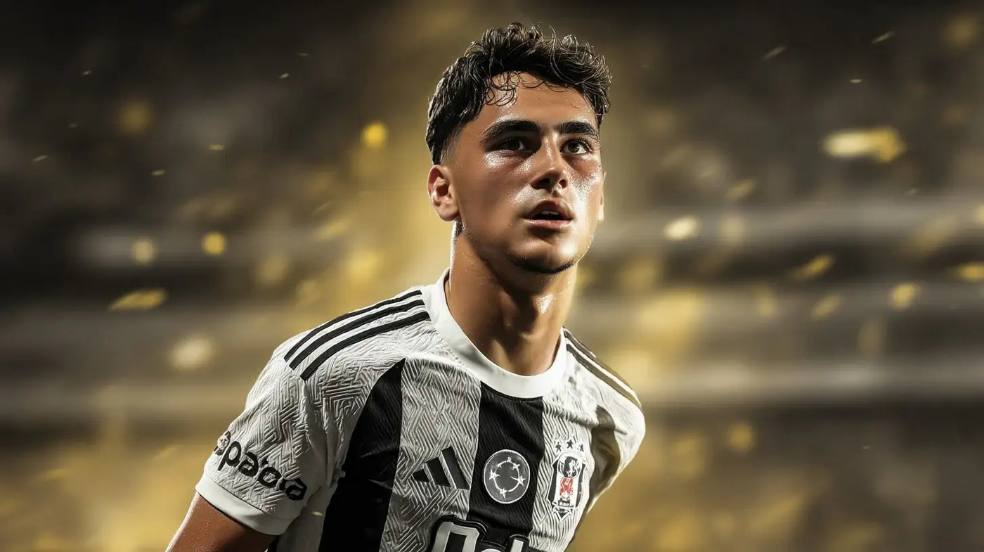 Mustafa Hekimoğlu in Beşiktaş black and white shirt looking upward as golden confetti falls.