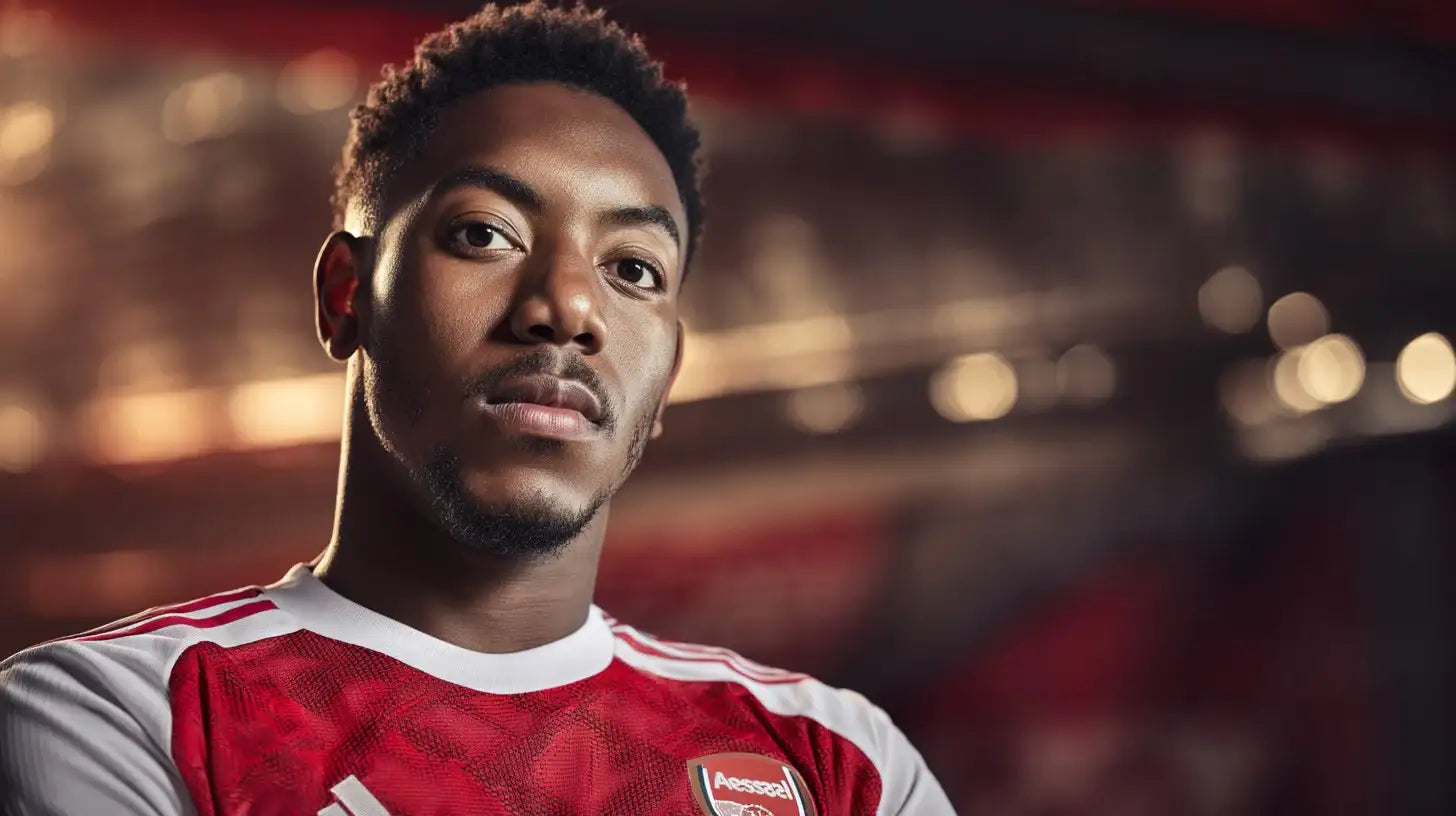 Myles Lewis-Skelly in Arsenal home kit staring confidently into the camera inside the Emirates Stadium.