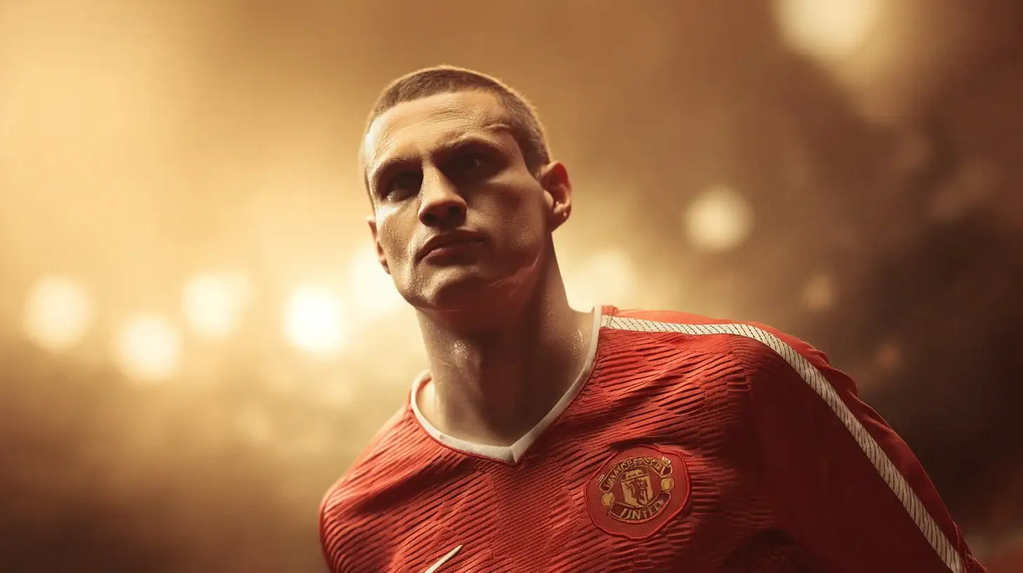 Nemanja Vidić wearing a red Manchester United football shirt with white collar detail, staring ahead under warm stadium lights.