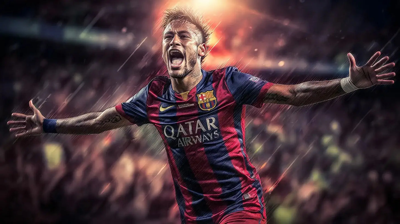 Neymar Jr in FC Barcelona stripes celebrating with arms wide in the rain before jubilant fans.