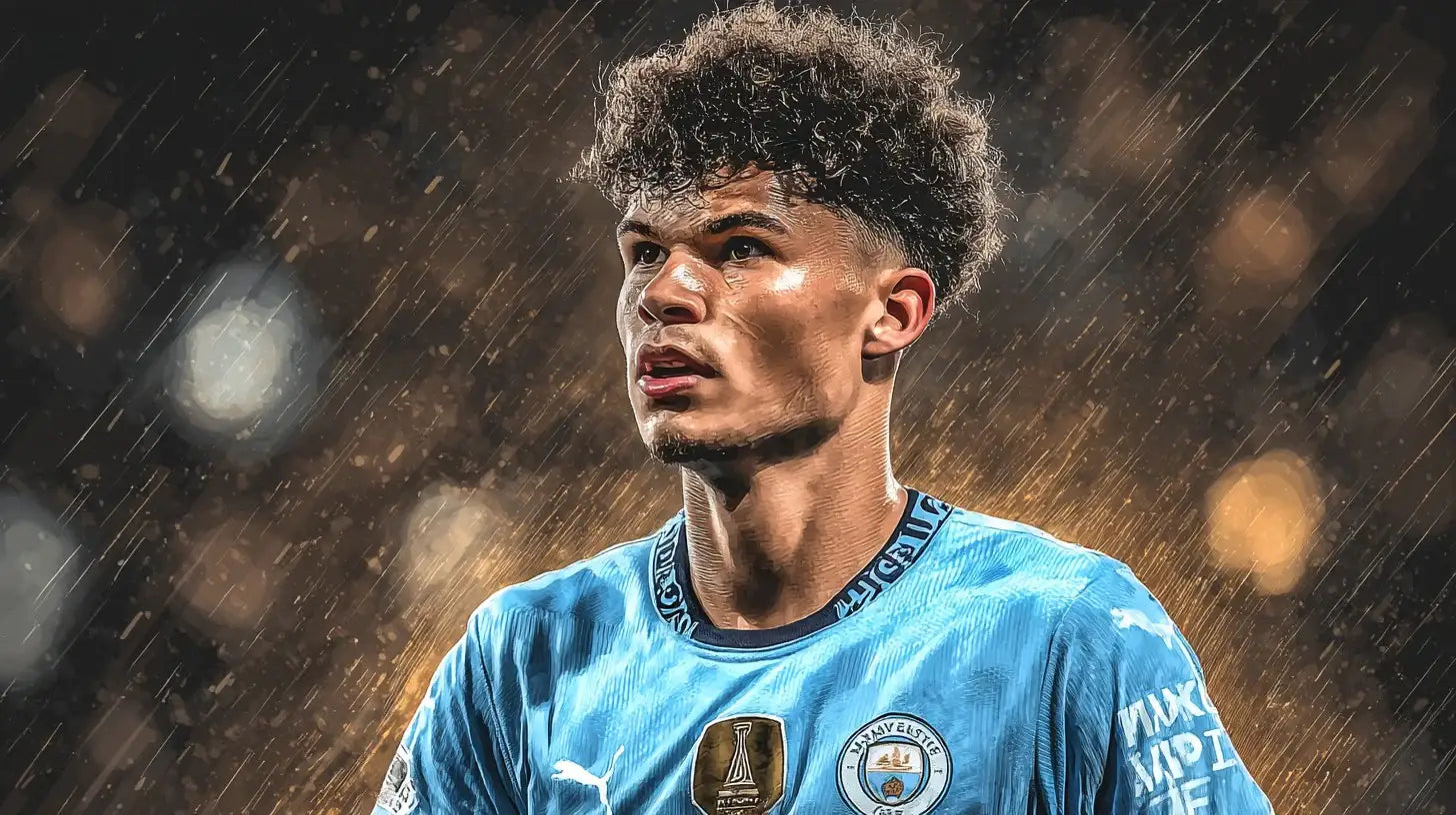 Nico O'Reilly wearing a sky blue Manchester City football shirt with the club crest, rain and stadium lights in the background.