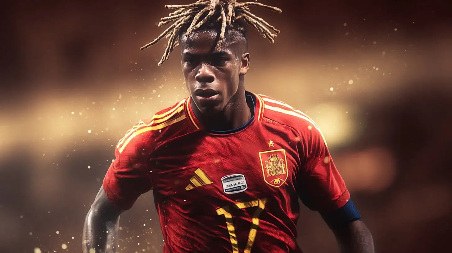 Nico Williams in Spain 2024 red kit driving forward with focused expression under golden stadium lights.