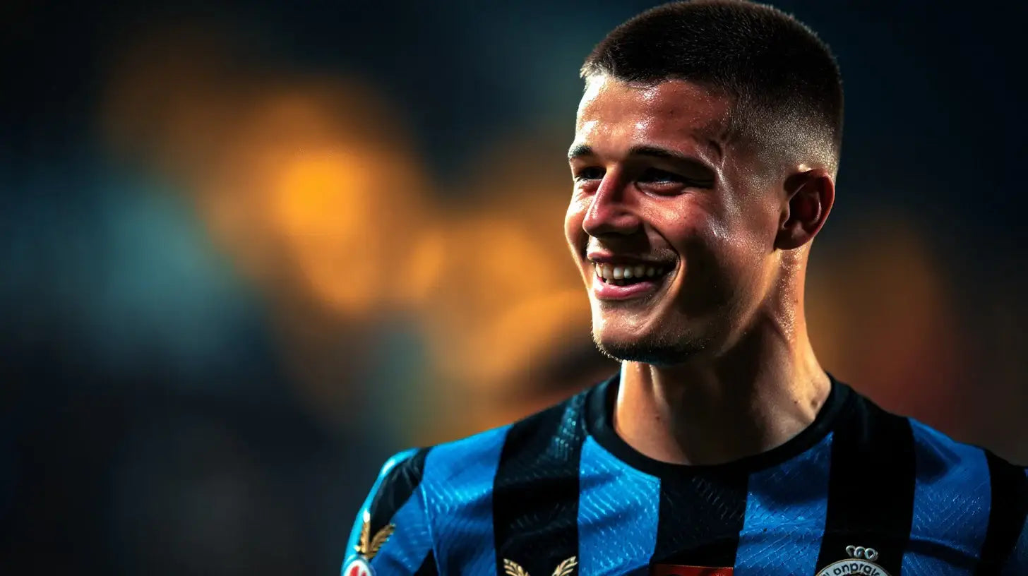 Nicolo Tresoldi wearing black and blue striped Club Brugge football shirt at night under stadium lights.