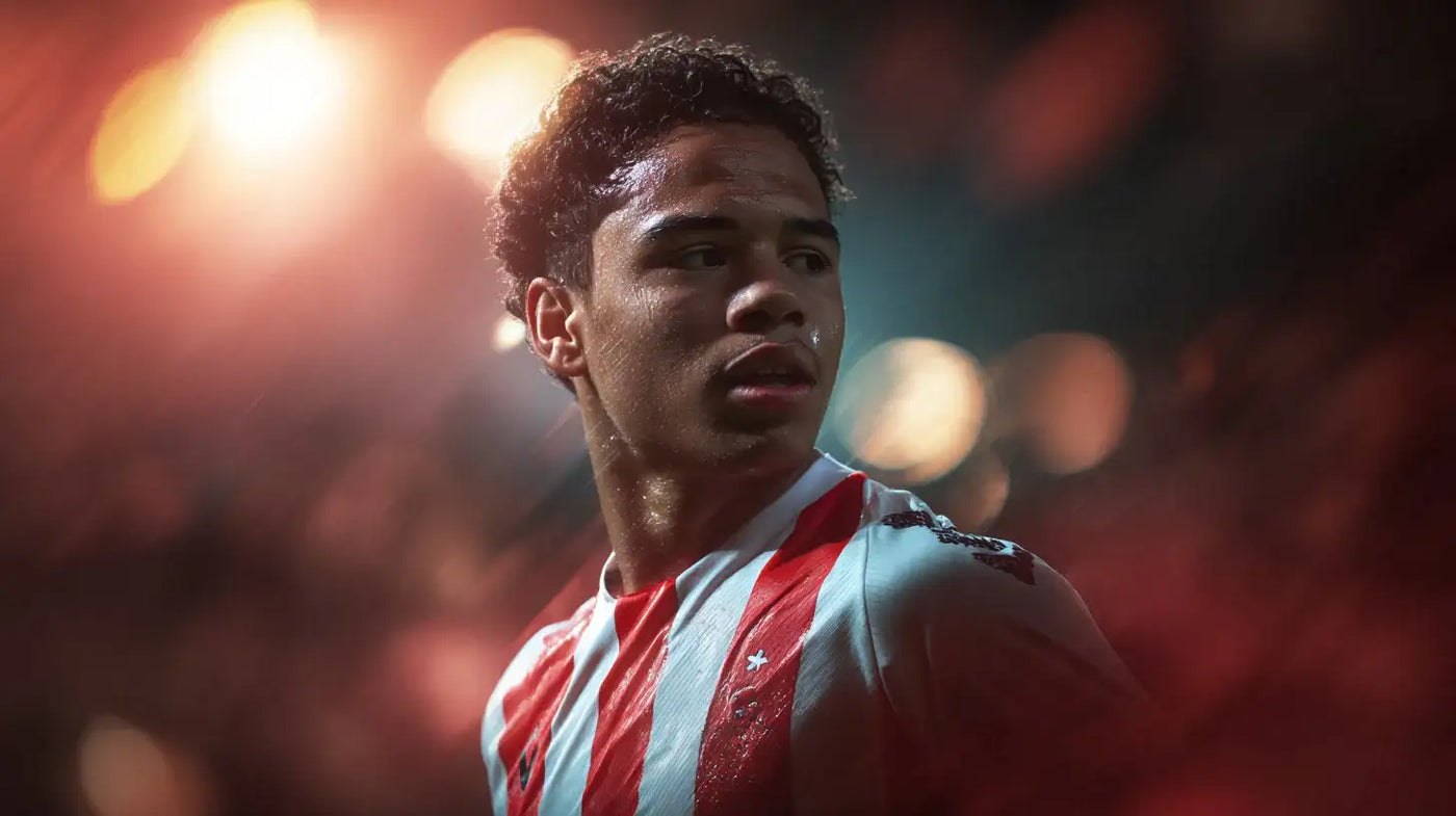 Noah Fernandez in a red and white striped PSV Eindhoven shirt, turning his head to the side under bright stadium lights with a focused look.
