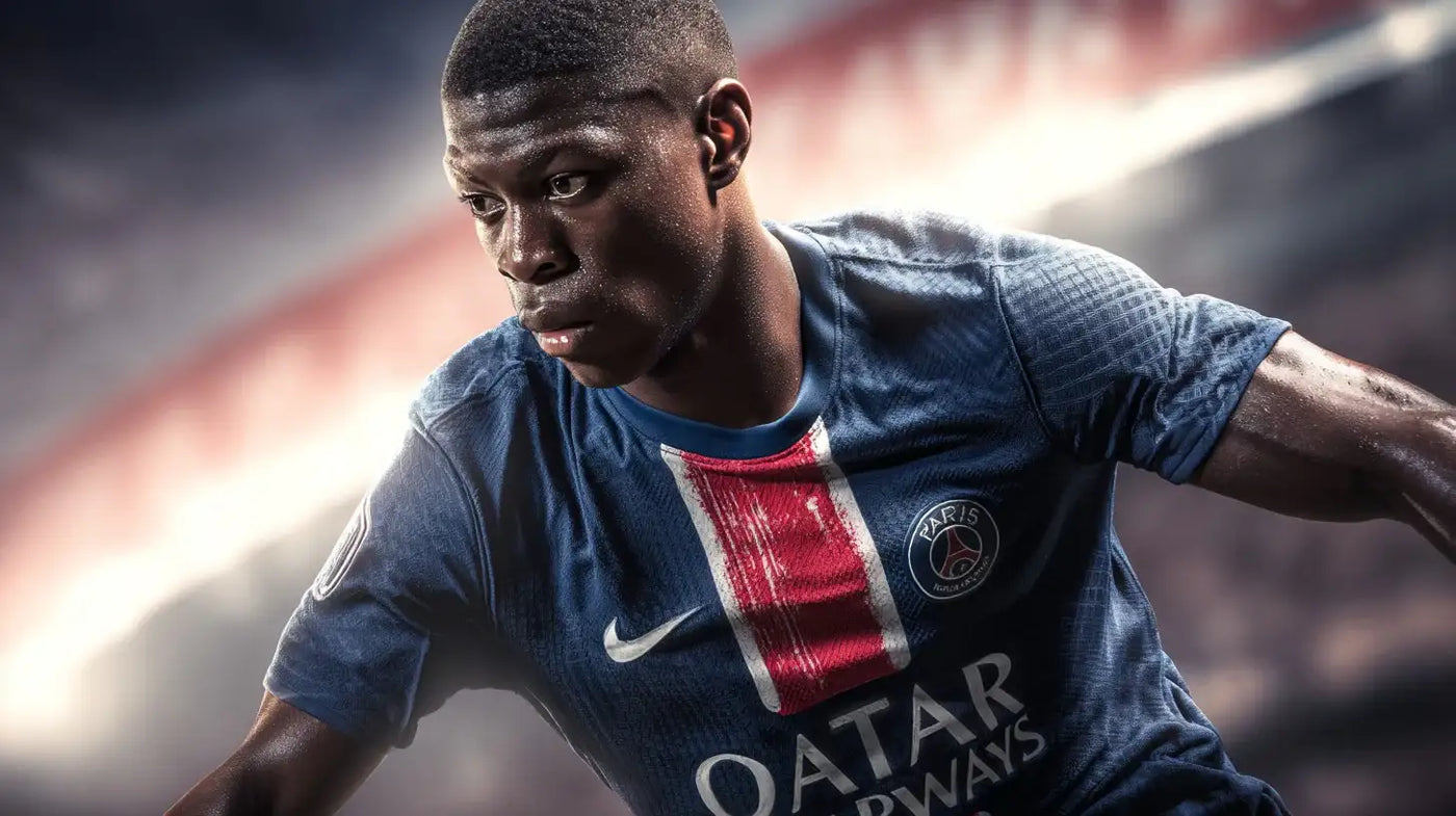 Nuno Mendes in Paris Saint-Germain blue kit sprinting with the ball, sunlight flaring behind him.