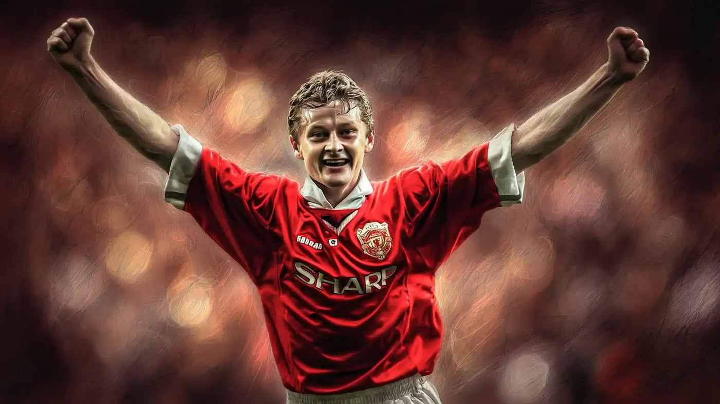 Ole Gunnar Solskjaer celebrating in a red Manchester United shirt, arms raised in front of a crowded stadium.