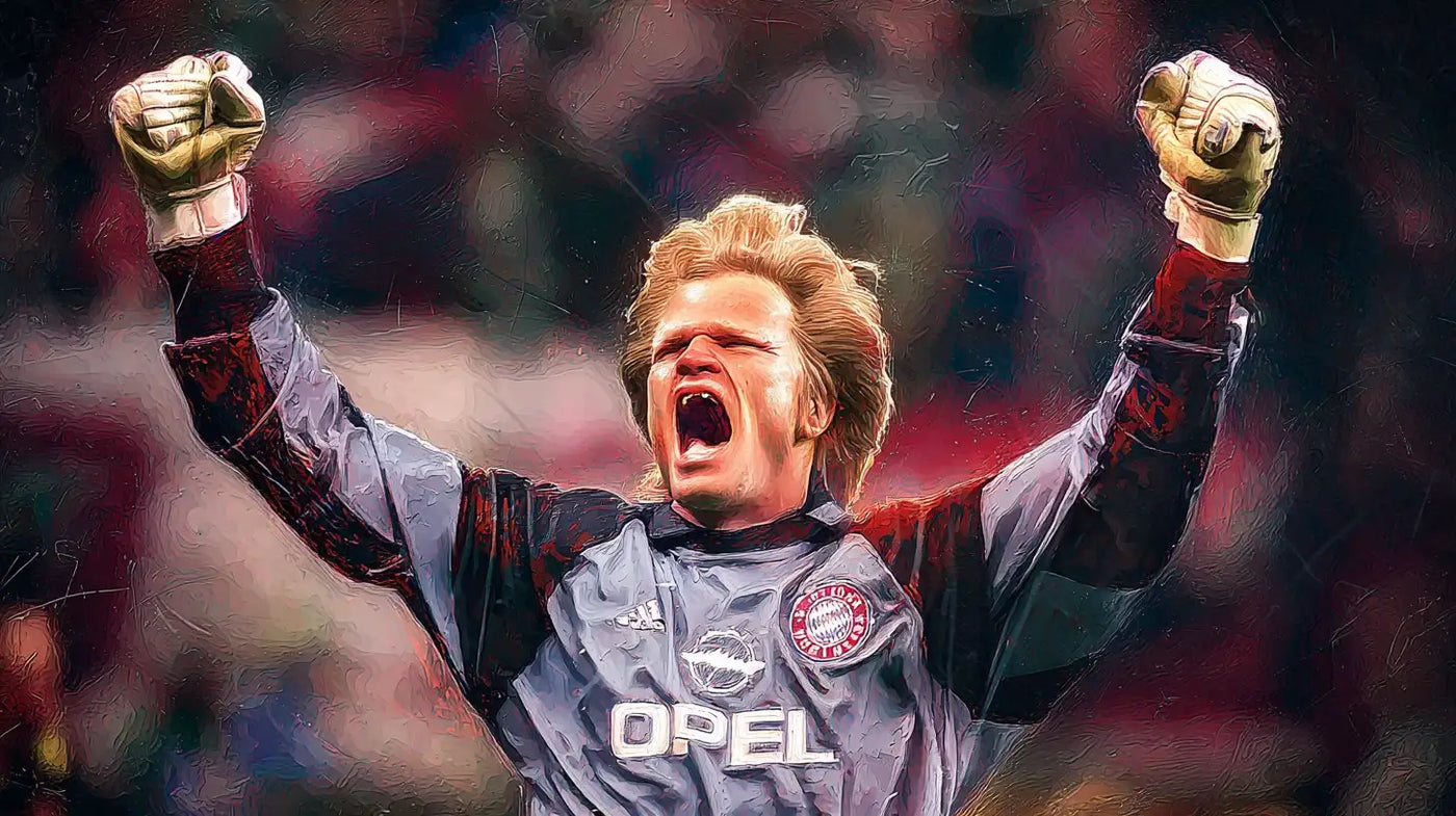 Oliver Kahn in Bayern Munich goalkeeper kit roaring with both fists raised in front of the crowd.