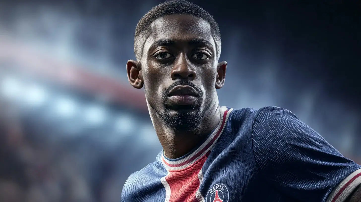 Ousmane Dembélé in Paris Saint-Germain home shirt staring directly ahead with composed expression.
