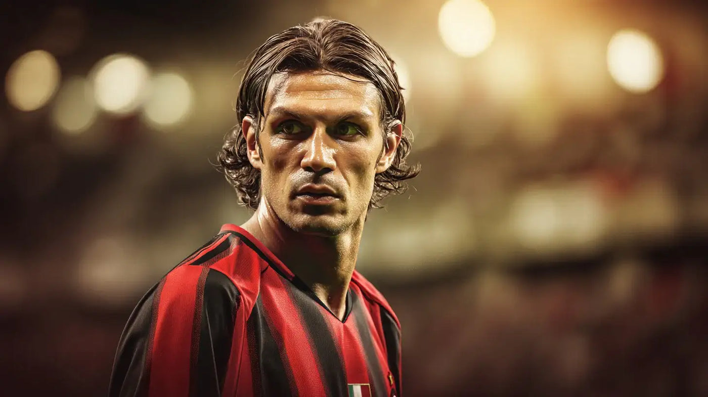 Paolo Maldini in AC Milan red and black stripes gazing across the pitch under warm evening lights.
