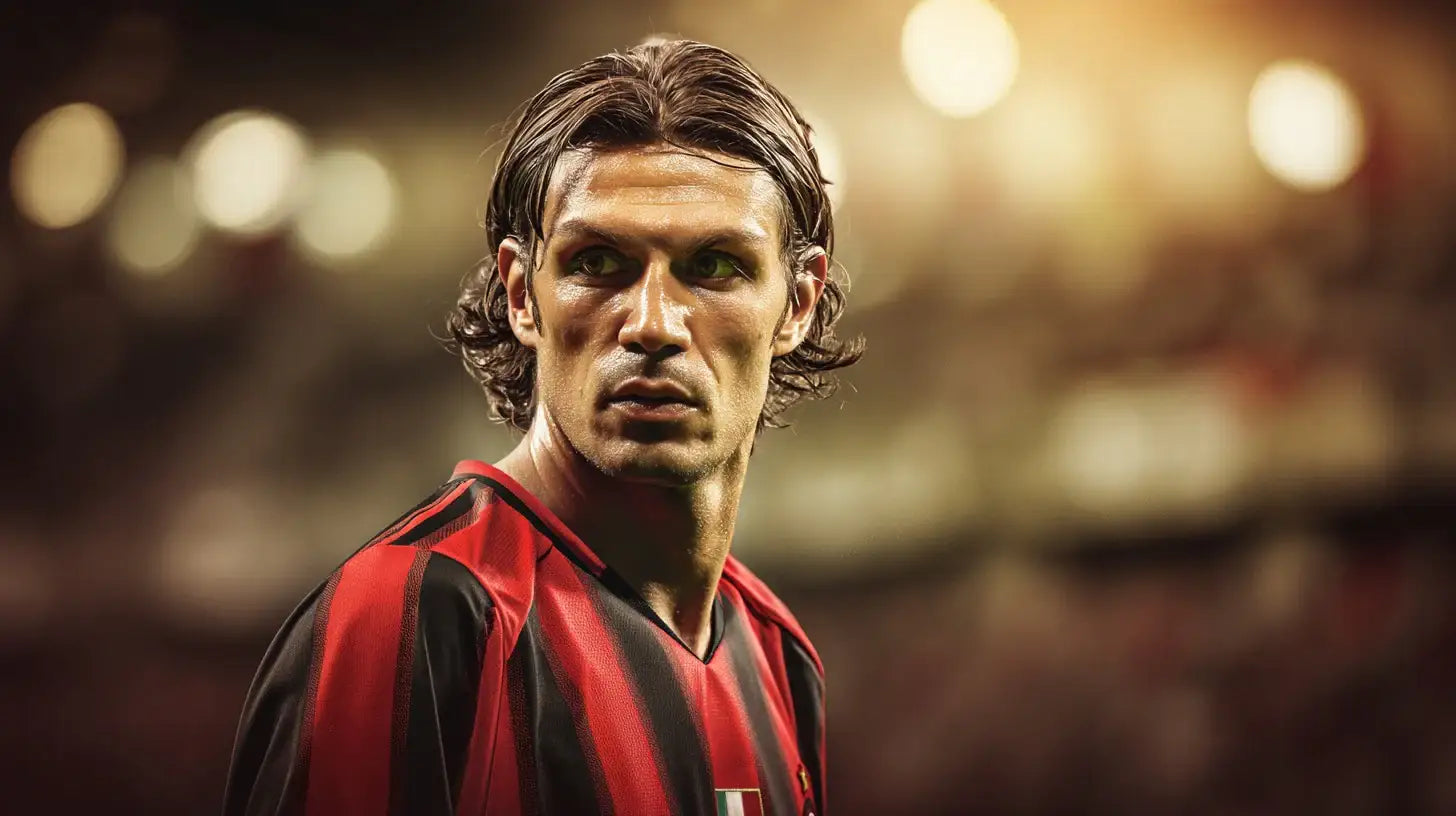 Paolo Maldini in AC Milan red and black stripes gazing across the pitch under warm evening lights.