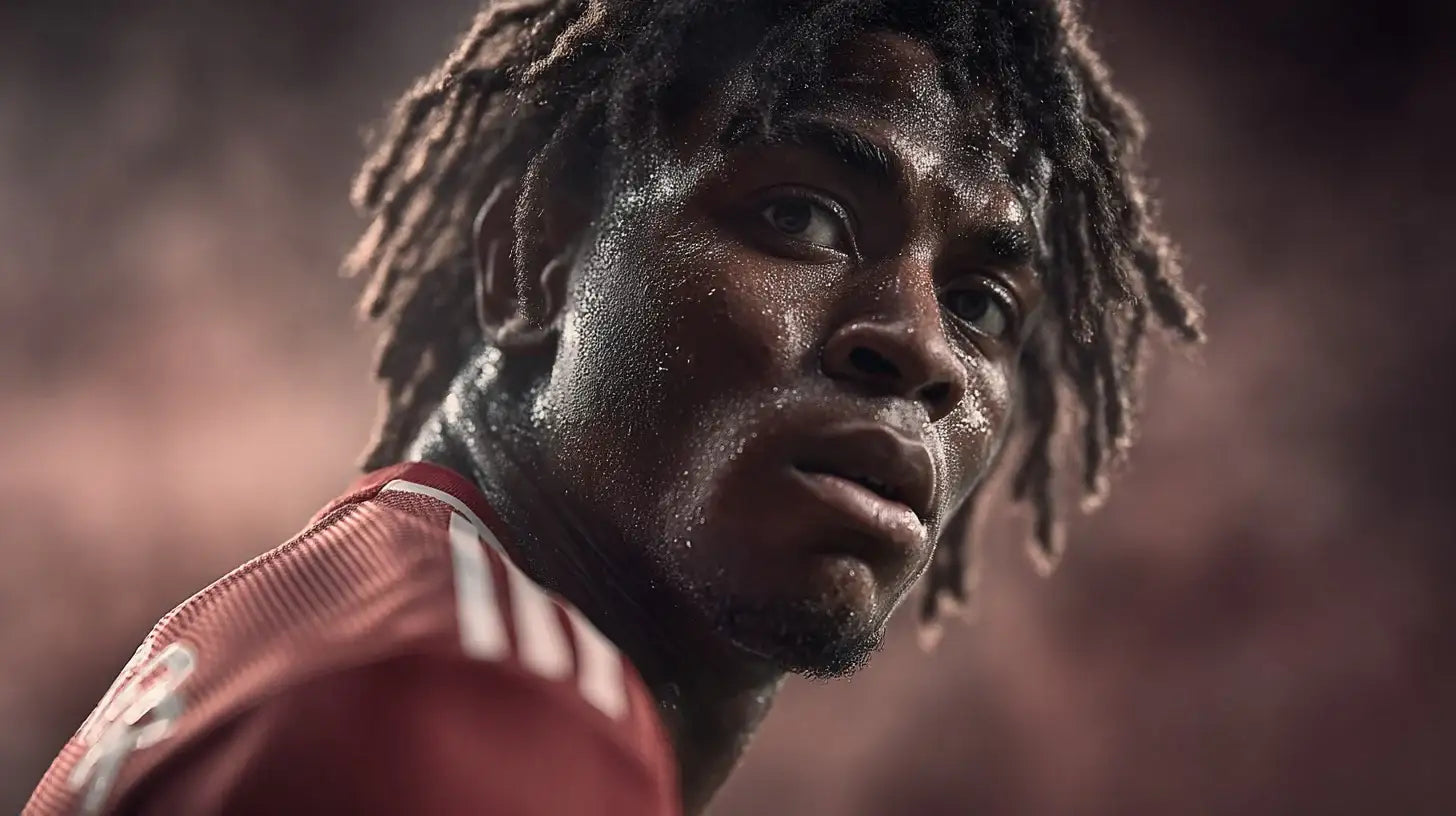 Patrick Dorgu in Manchester United home shirt looking back over his shoulder with sweat on his face.