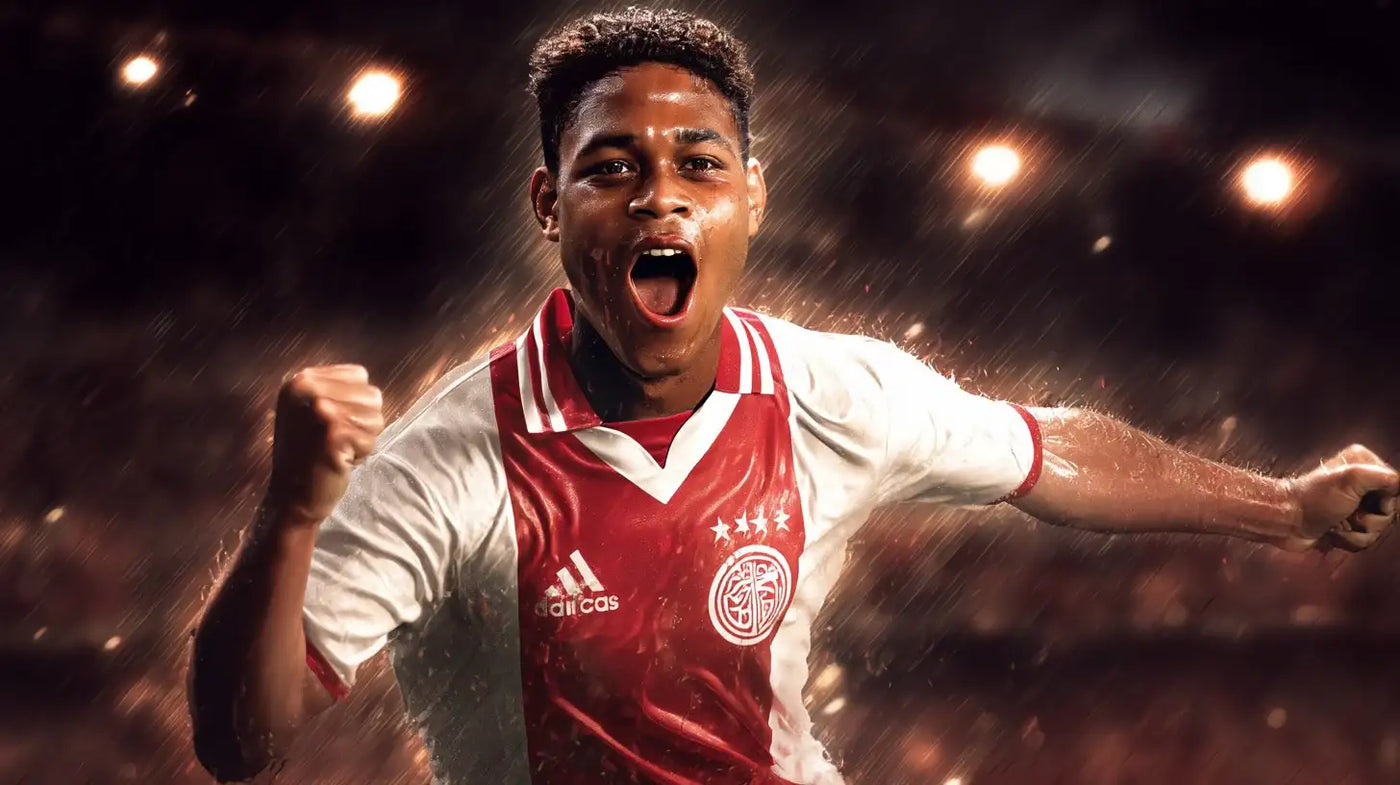Patrick Kluivert in Ajax 1995 home kit celebrating a goal in heavy rain, fist clenched.