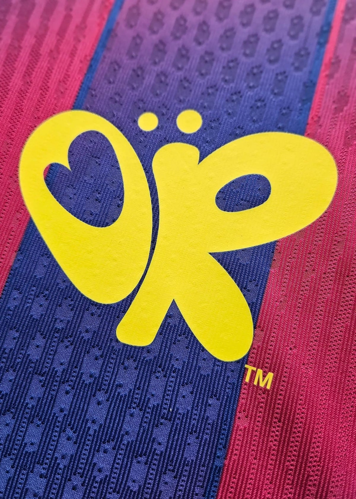 Yellow butterfly-shaped Olivia Rodrigo logo with a TM mark, printed on the blue-to-pink fabric of Pau Cubarsí's FC Barcelona shirt, No. 5.