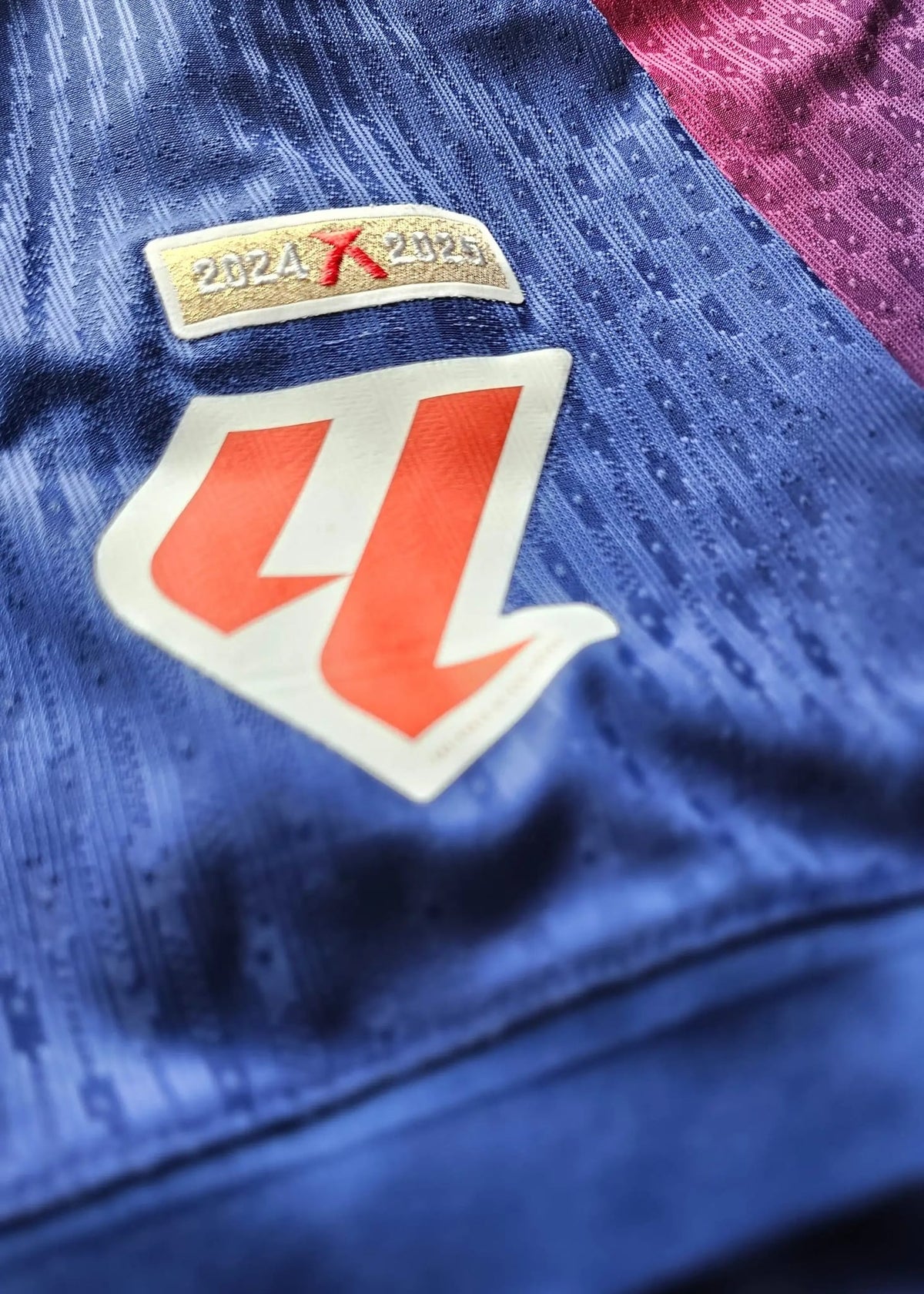 Orange-and-white competition badge below a '2024 X 2025' season tab, stitched on the navy sleeve of Pau Cubarsí's FC Barcelona shirt.