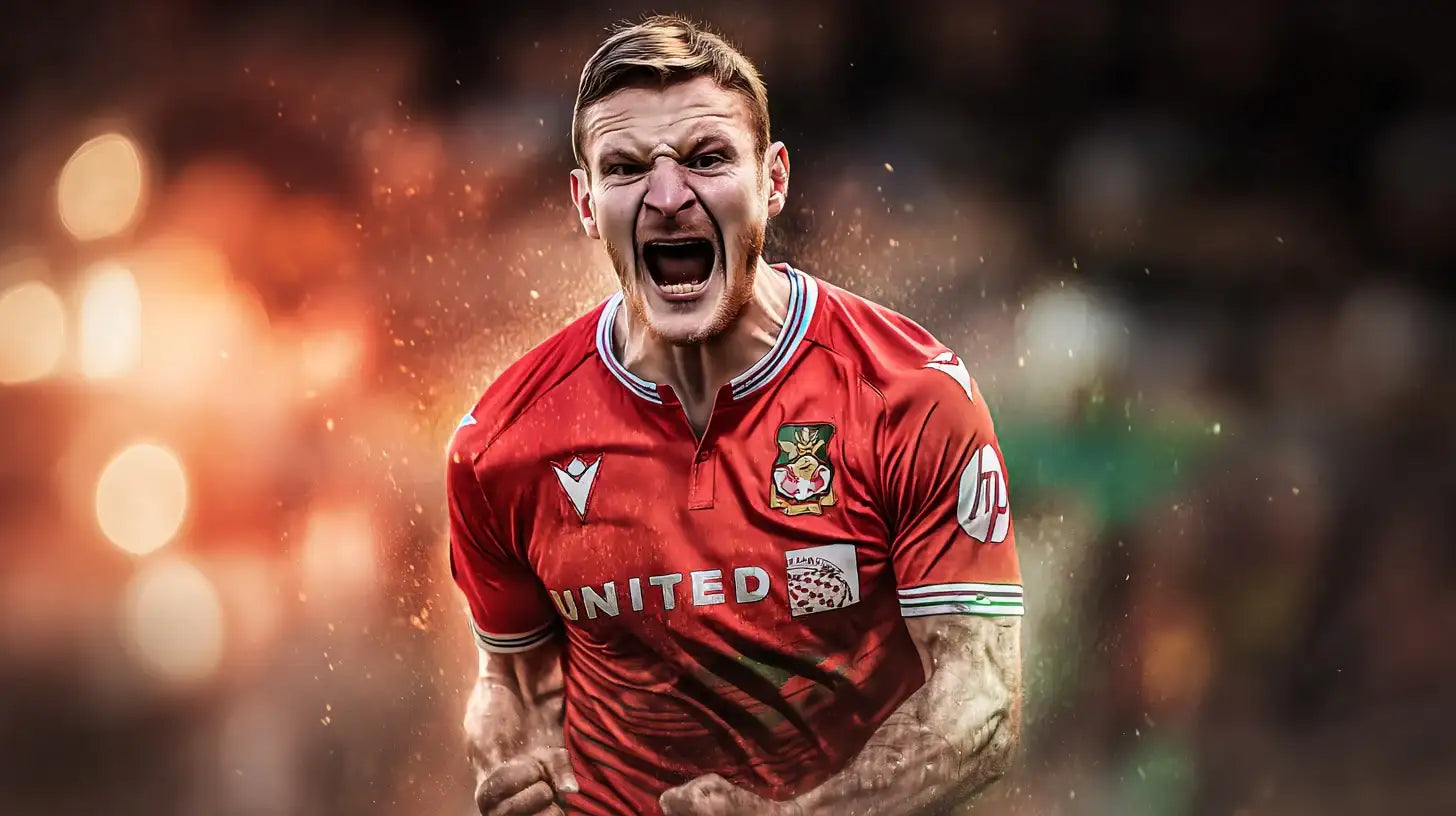 Paul Mullin in Wrexham AFC red kit screaming in celebration, fists clenched amid glowing bokeh lights.