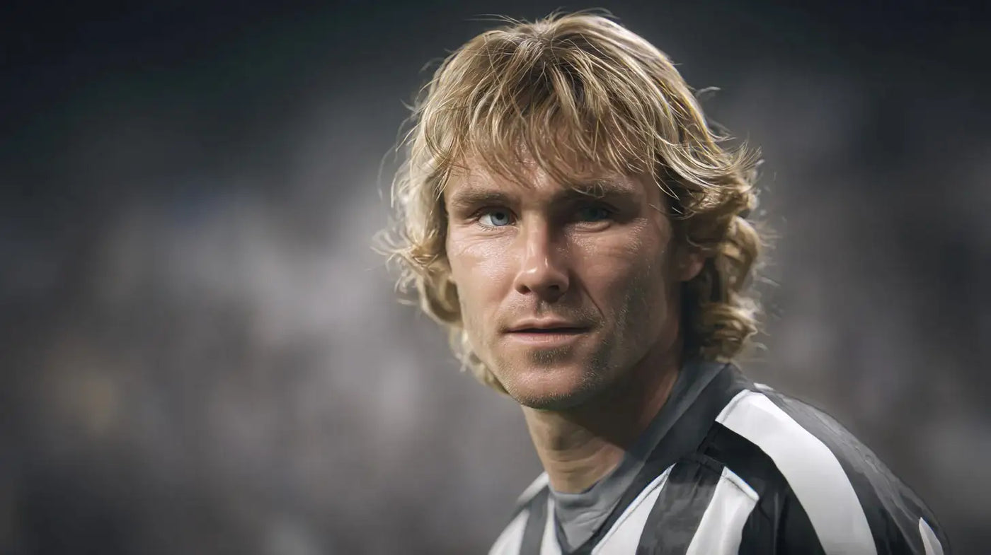 Pavel Nedved  close-up portrait in a black-and-white Juventus shirt with stadium lights behind
