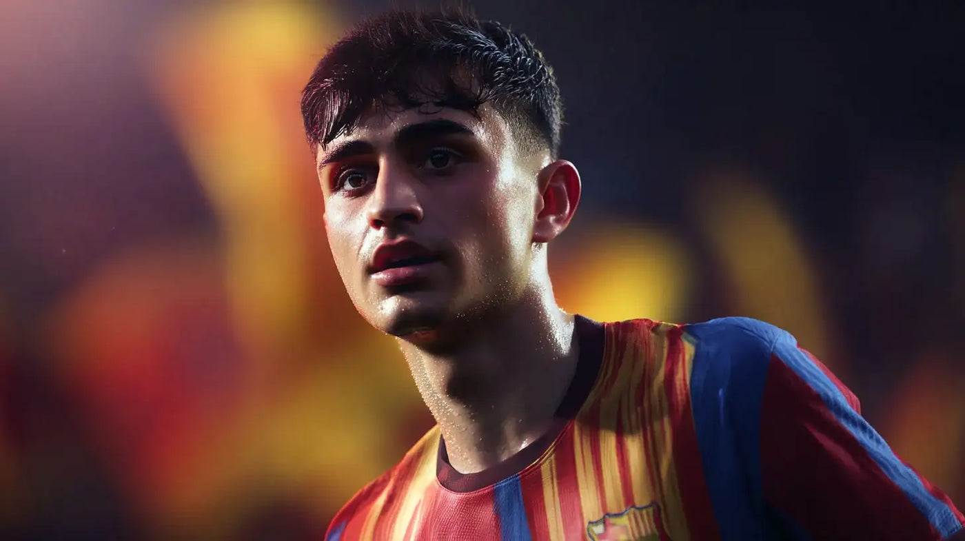 Young midfielder Pedri wearing an FC Barcelona home shirt, lit by warm stadium lights and waving Barça flags.