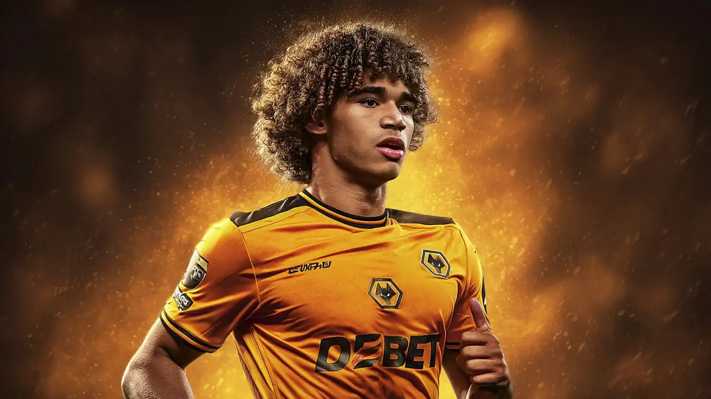 Pedro Lima in a gold Wolverhampton Wanderers kit running forward against a glowing orange Wolves-themed backdrop.