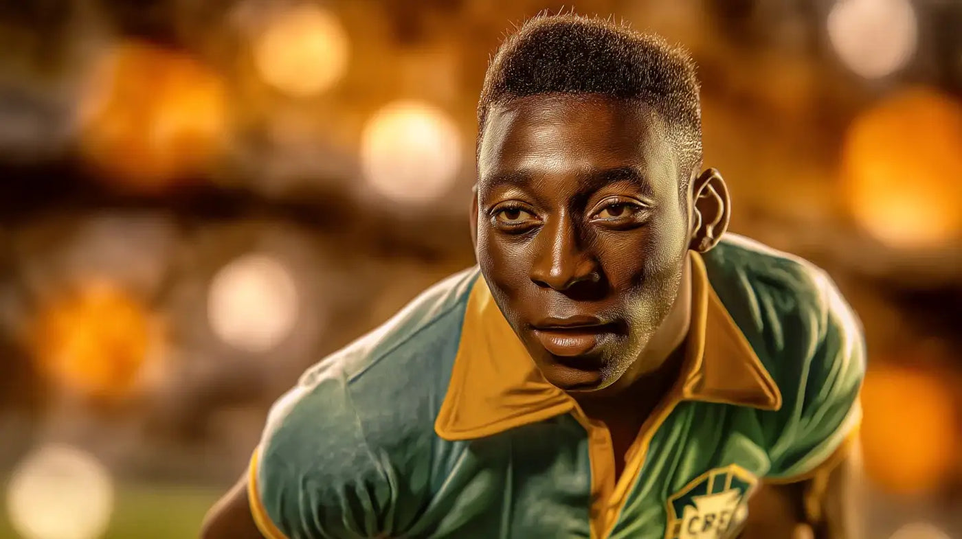 Pelé in a vintage Brazil 1959 kit leaning forward and smiling under golden stadium lights.