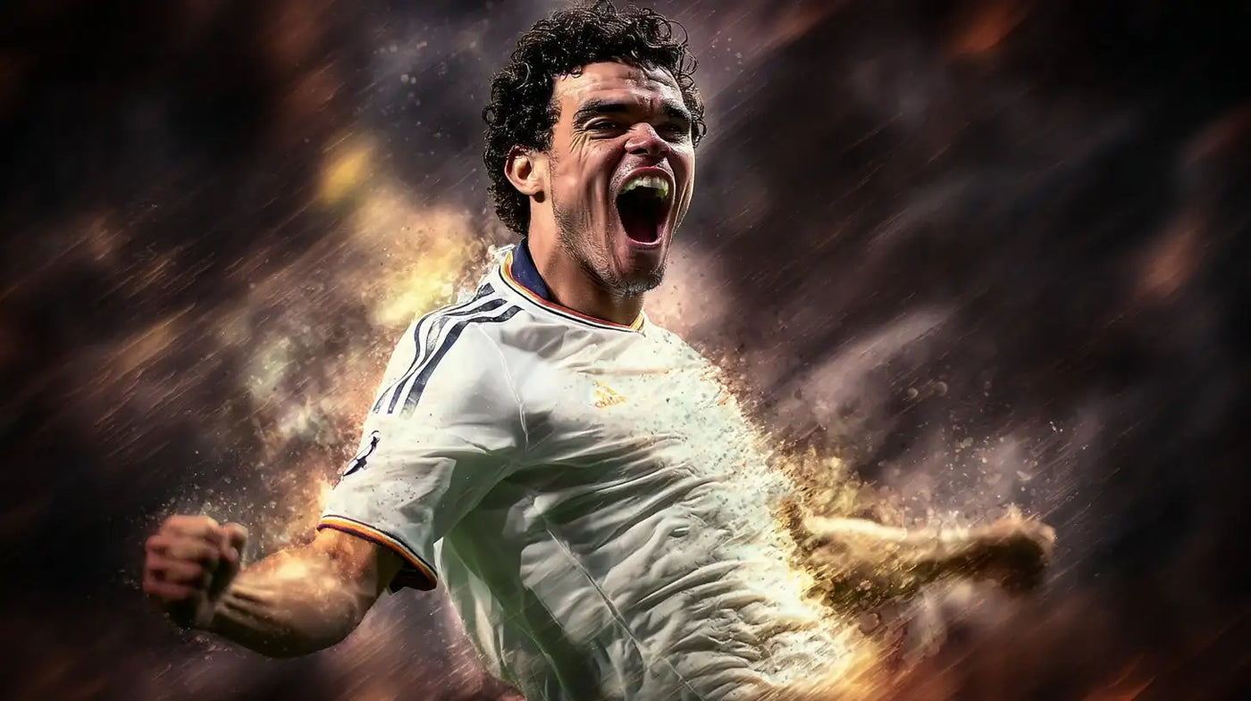 Real Madrid defender Pepe screaming in celebration in a white home shirt with dynamic fiery effects around him.