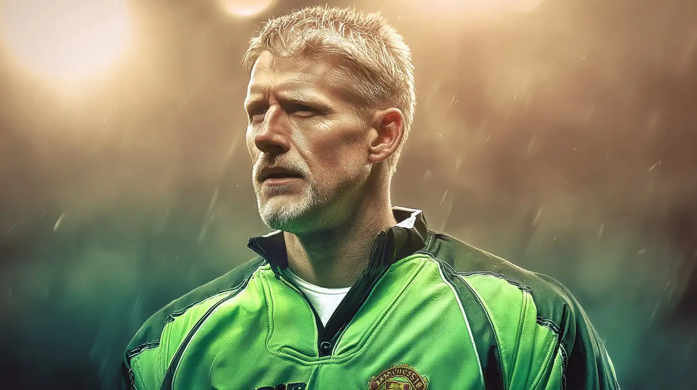 Peter Schmeichel in a green Manchester United goalkeeper football shirt, serious expression in light rain with floodlights glowing behind.