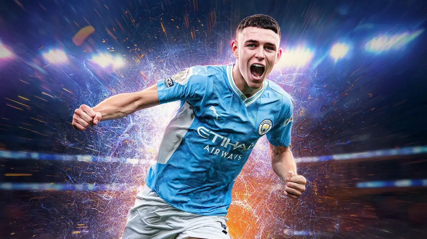 Phil Foden celebrating a goal in a Manchester City home kit with bright blue stadium lights and sparks behind him.