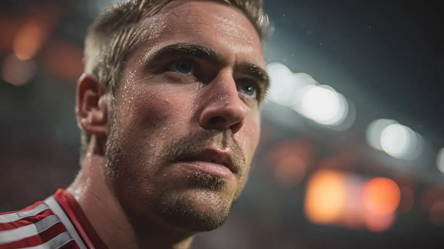 Close-up of Philipp Lahm focused during a Bayern Munich match, stadium floodlights glowing in the background.