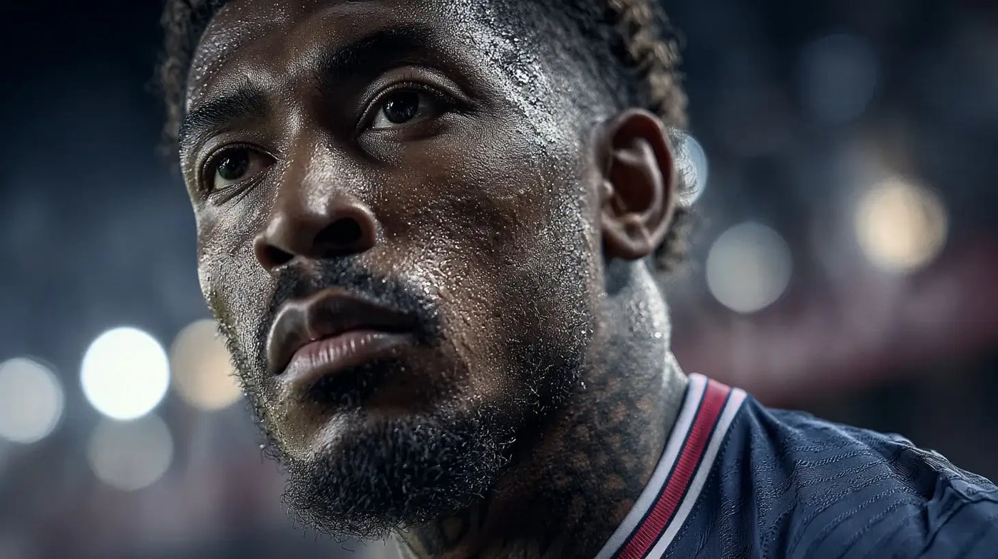 Sweat-covered Presnel Kimpembe in a Paris Saint-Germain shirt staring intensely during a night game.
