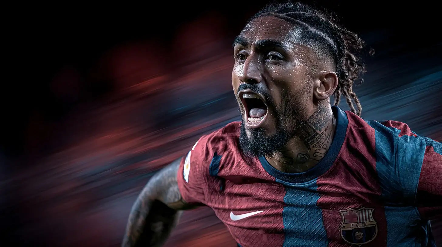 Raphinha sprints forward in a Barcelona red and blue striped home football shirt, shouting with intensity against a blurred dark stadium background.