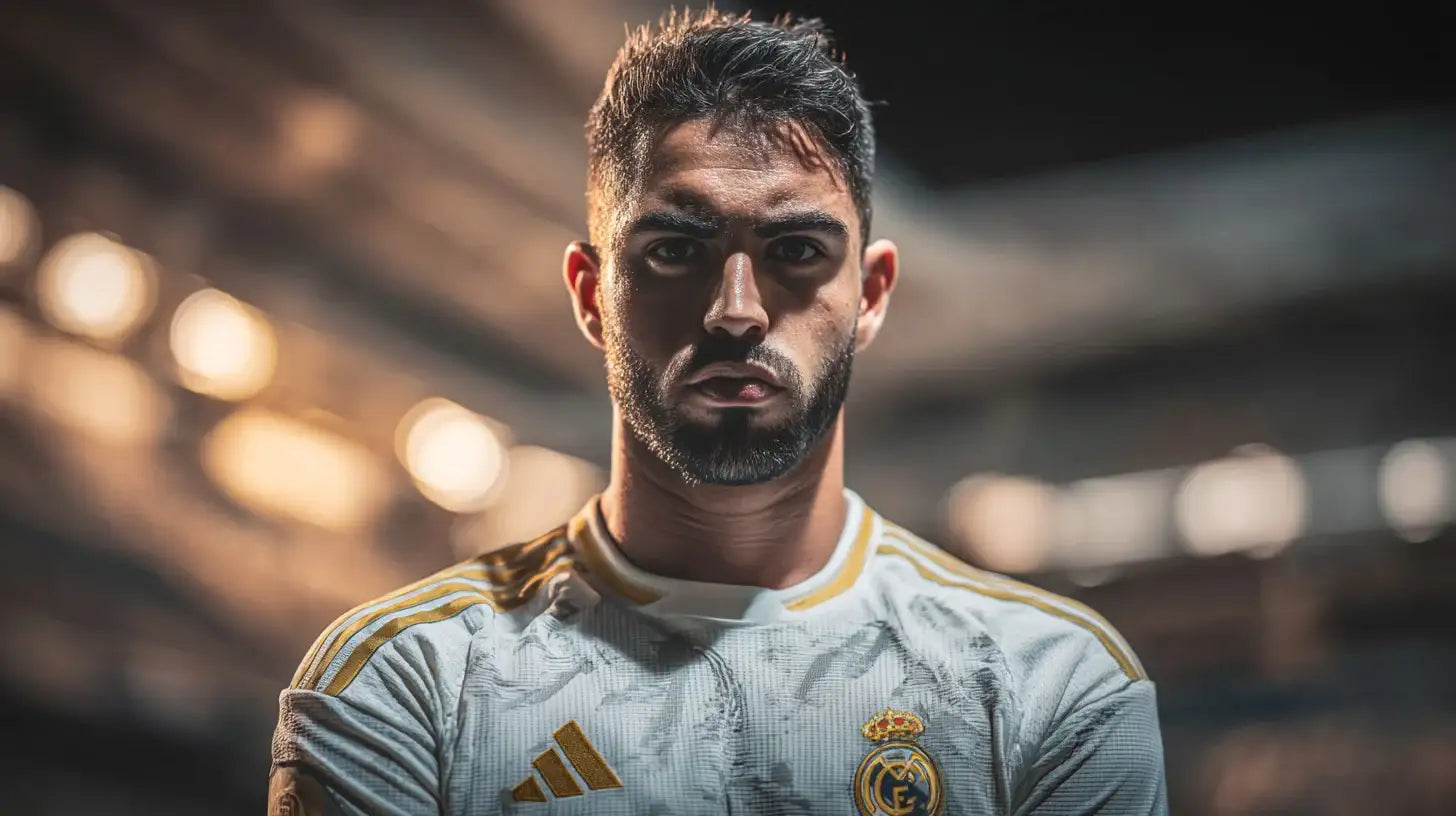 Raúl Asencio stares confidently into the camera in a white Real Madrid football shirt with gold accents, with warm stadium lights softly blurred behind him.