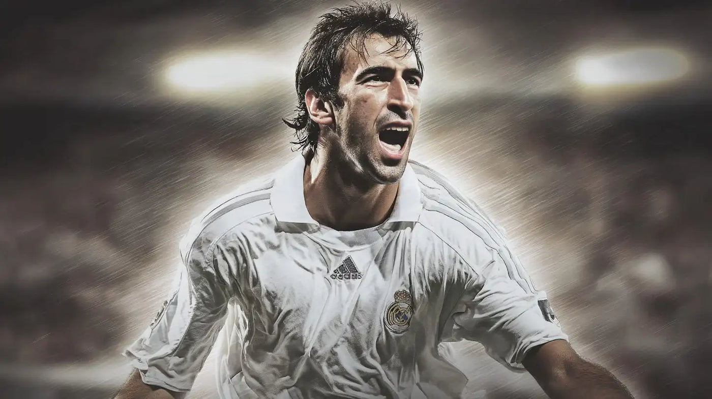 Raul Gonzalez celebrating in a white Real Madrid football shirt, shouting with rain streaks and blurred stadium lights behind him.