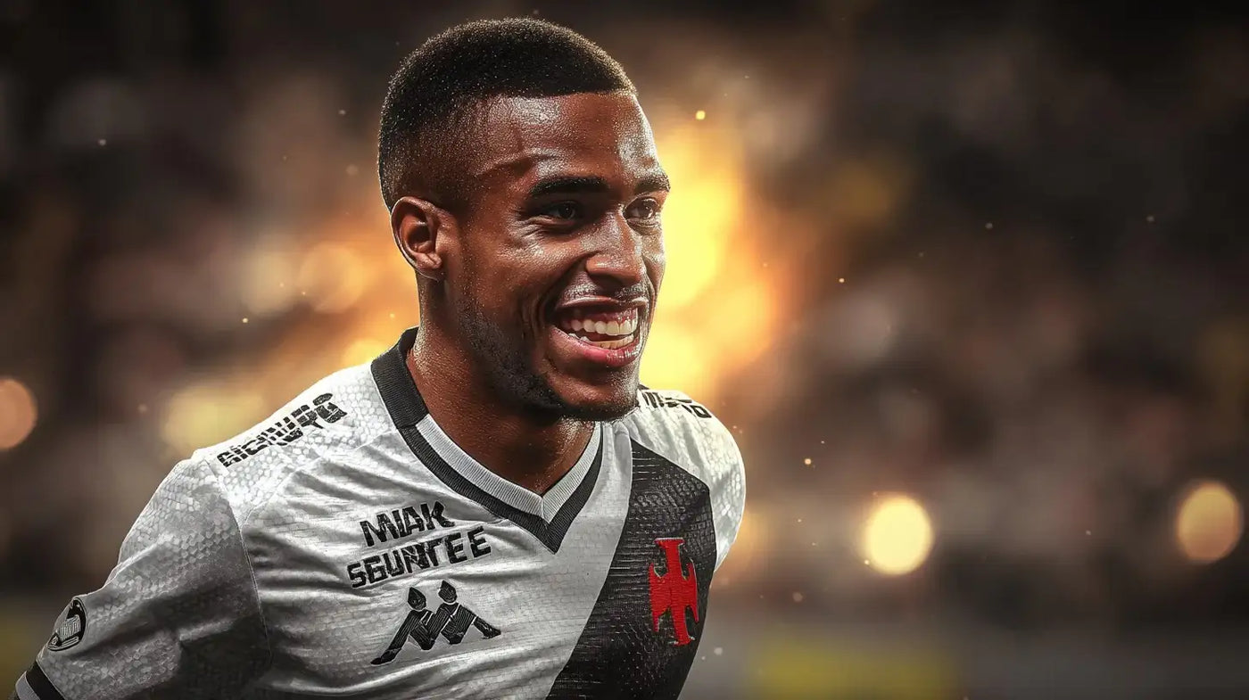 Rayan Vitor in Vasco da Gama light grey football shirt with black diagonal sash and red cross crest, smiling as he runs on the pitch.