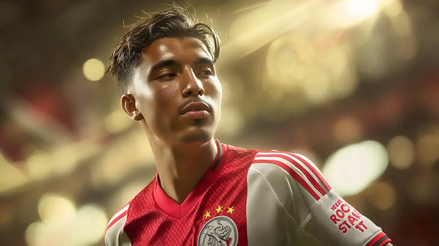 Rayane Bounida looks to the side in focus while wearing an Ajax red and white home football shirt, illuminated by golden stadium lights in the background.