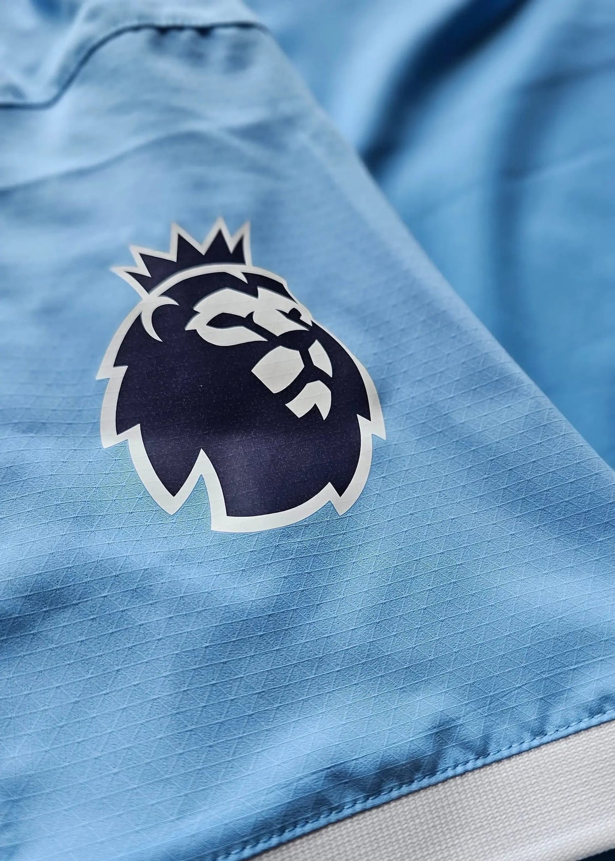 Close-up of the Premier League lion crest patch on sky-blue fabric, from the signed Reigan Heskey Manchester City F.C. 2025-2026 shirt.