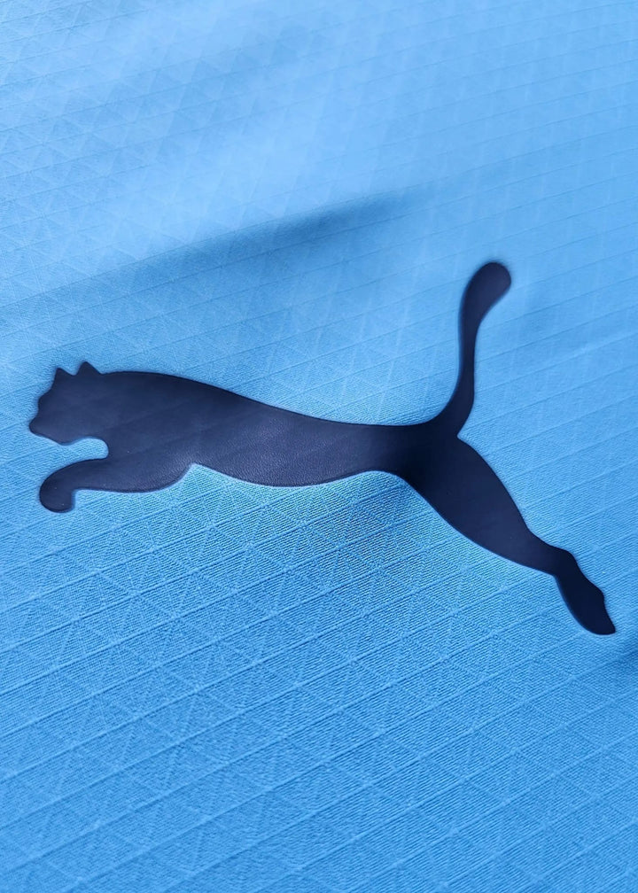 Close-up of the black Puma leaping-cat logo on sky-blue fabric, from the signed Reigan Heskey Manchester City F.C. 2025-2026 shirt.