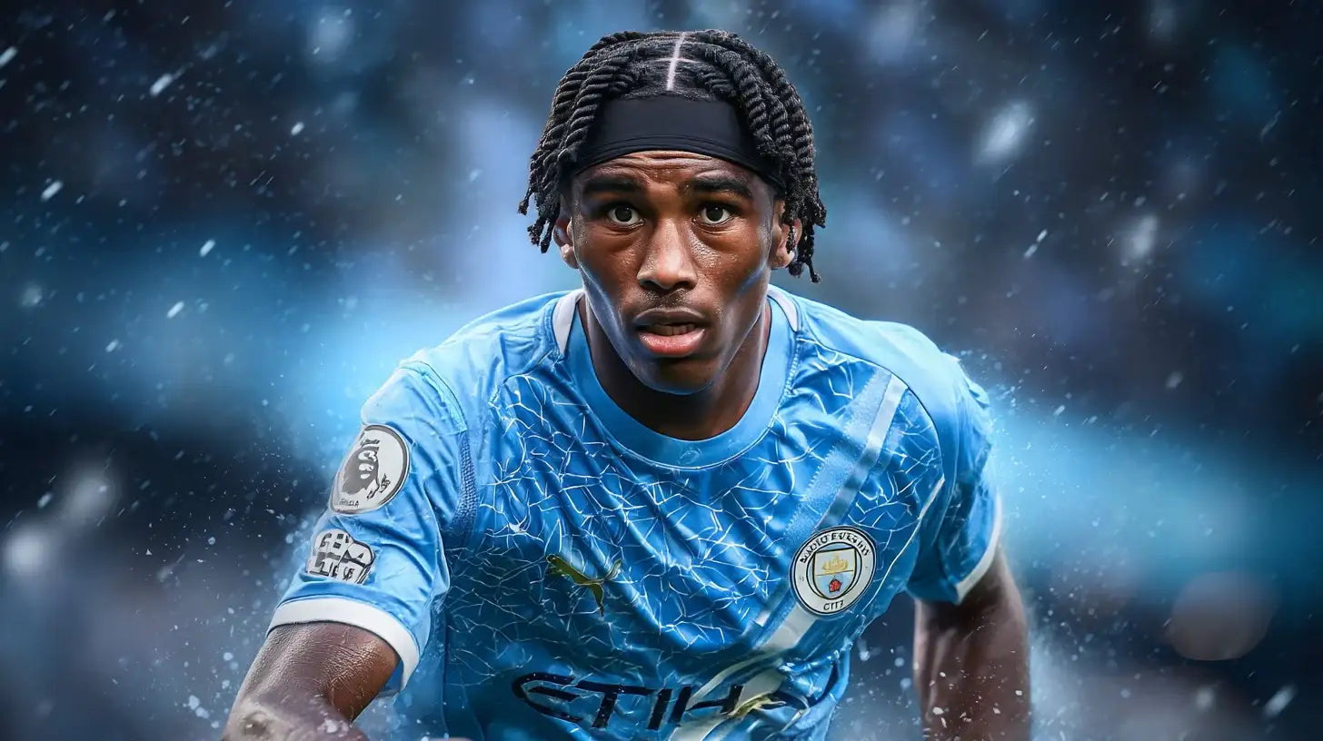 Reigan Heskey in Manchester City sky-blue kit sprinting forward in rain, focused face close-up.
