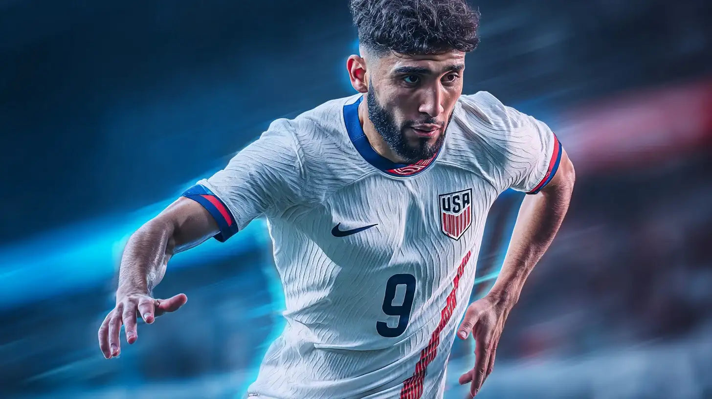 Ricardo Pepi sprints toward the camera in a white USA national team football shirt with navy and red trim, framed by cool blue motion trails in the stadium.