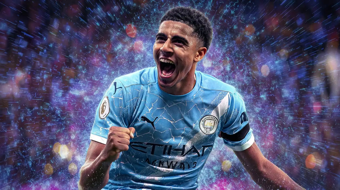 Rico Lewis celebrates in a sky blue Manchester City home football shirt, fist clenched and mouth open as colourful electric light effects burst behind him.