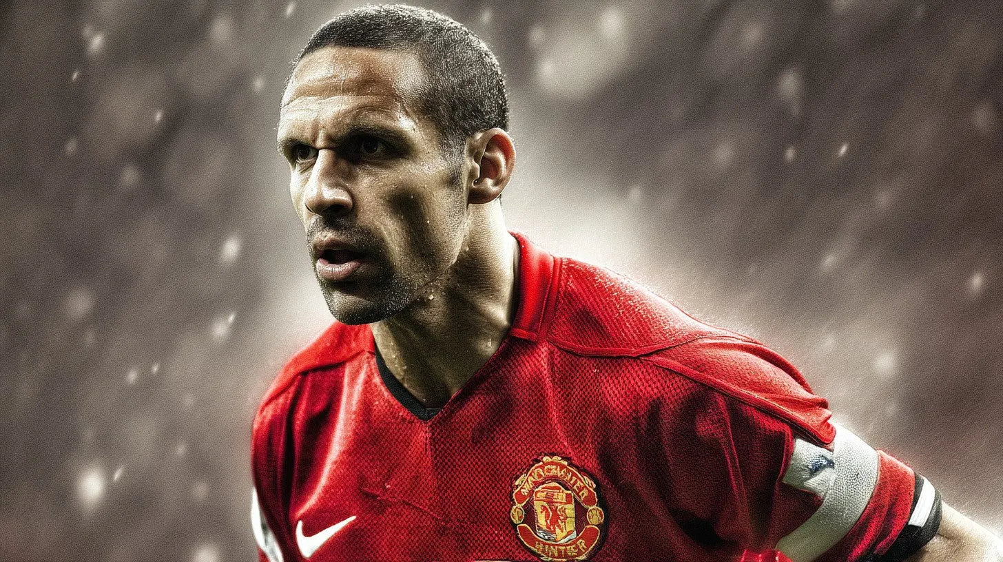 Rio Ferdinand  with intense match portrait in a red Manchester United kit with rain and snow falling.