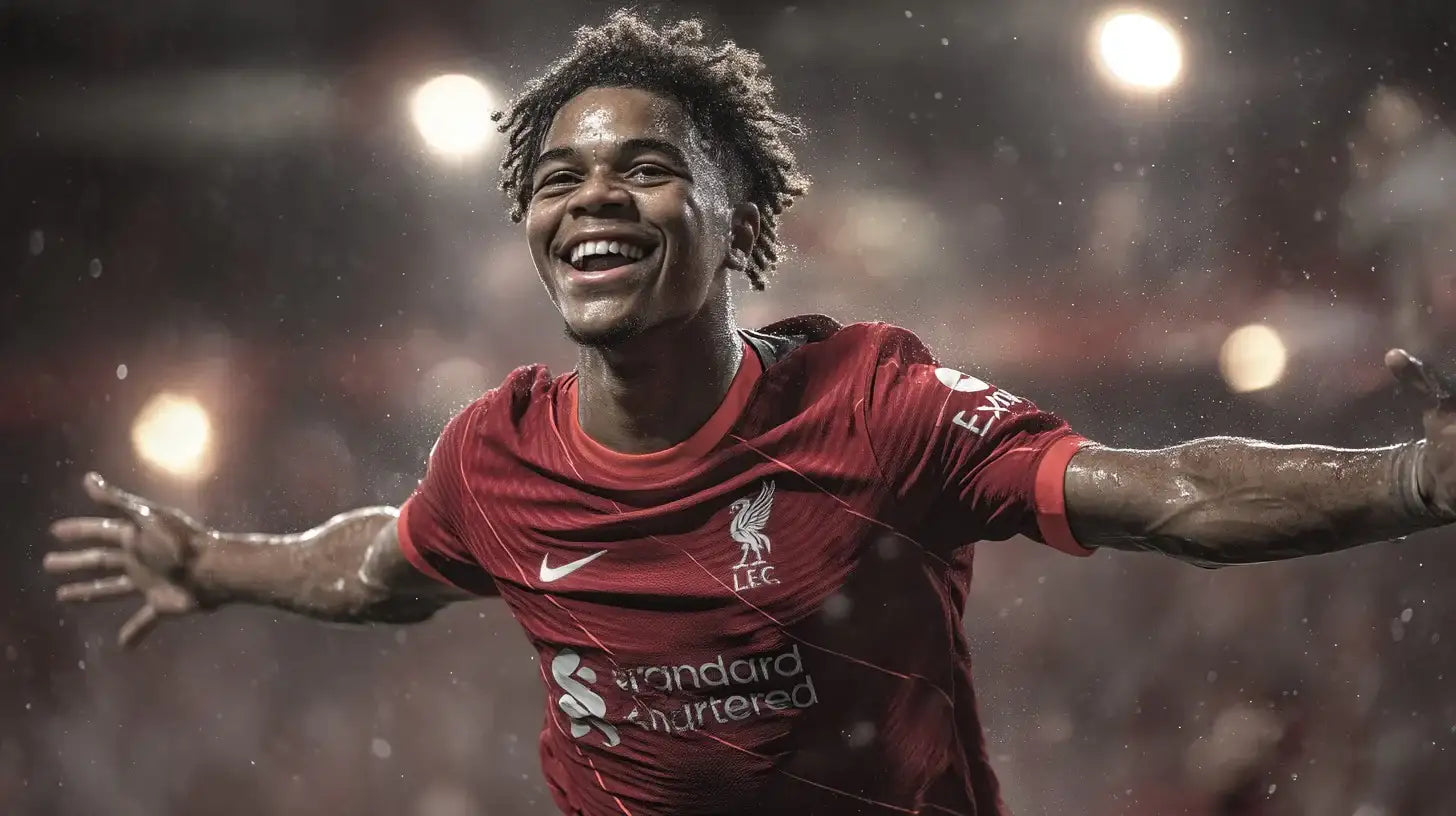 Rio Ngumoha spreads his arms wide and smiles in celebration while wearing a bright red Liverpool home football shirt, with rain and warm stadium lights around him.