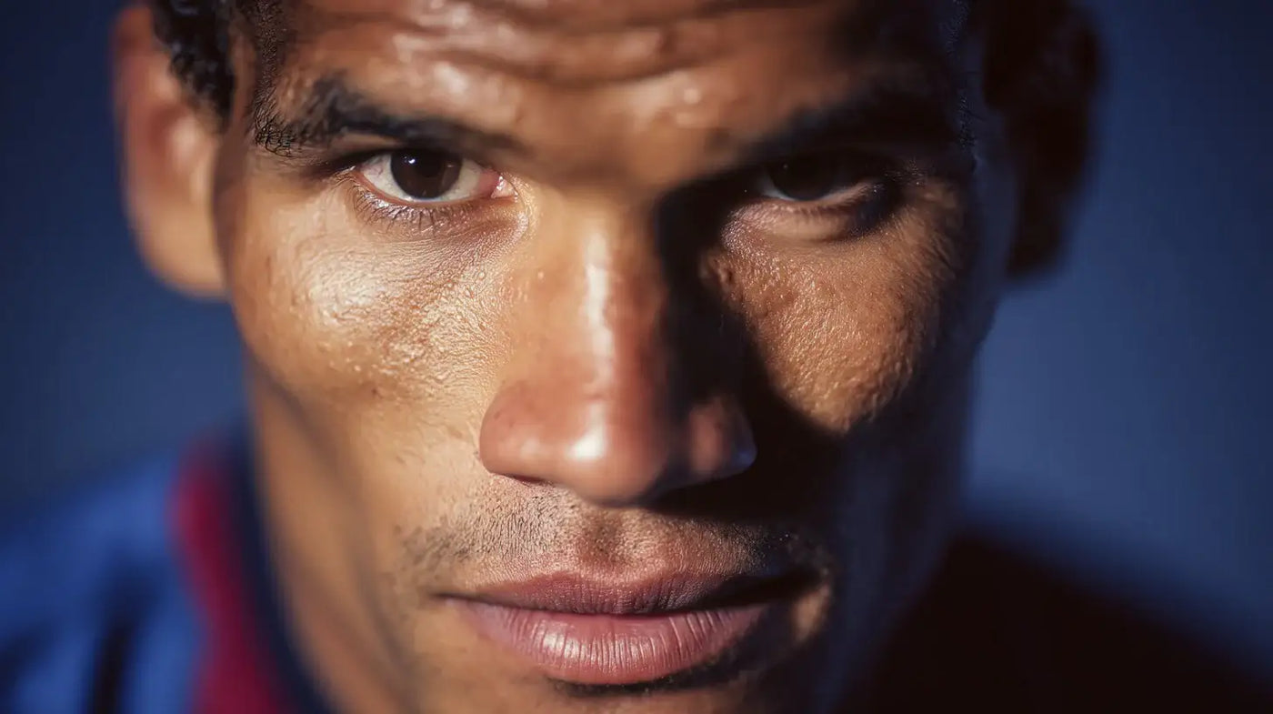 Rivaldo is shown in an intense close up wearing a dark blue and red Barcelona football shirt, his face filling the frame against a deep blue background.