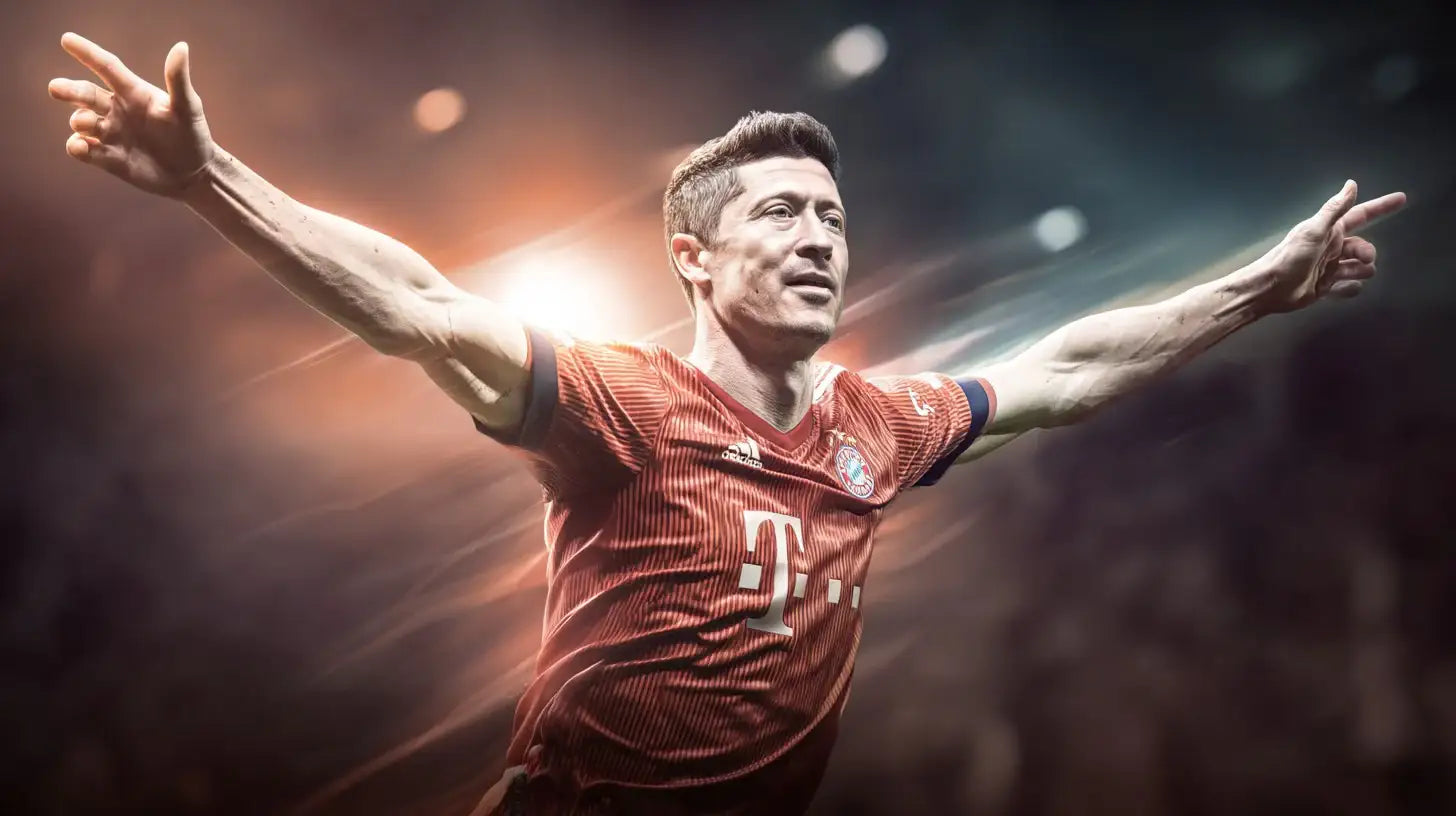 Robert Lewandowski celebrates in a red Bayern Munich home football shirt with subtle pinstripes and white details, arms stretched wide in front of bright stadium floodlights and a blurred crowd.