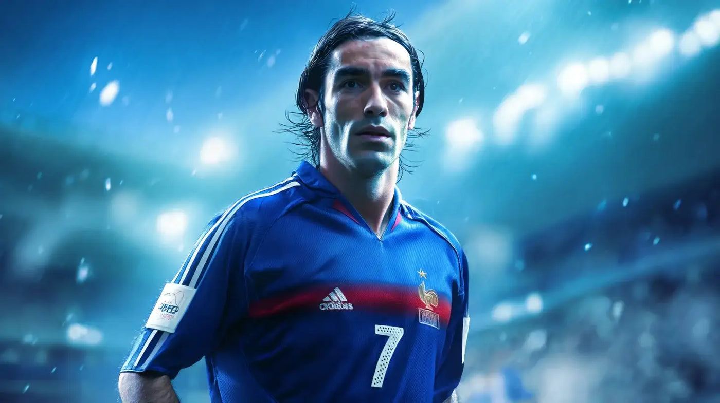 Robert Pires in a blue France 2002 home football shirt with a red chest band and white details stands focused in the rain, under cool blue stadium lights in the background.