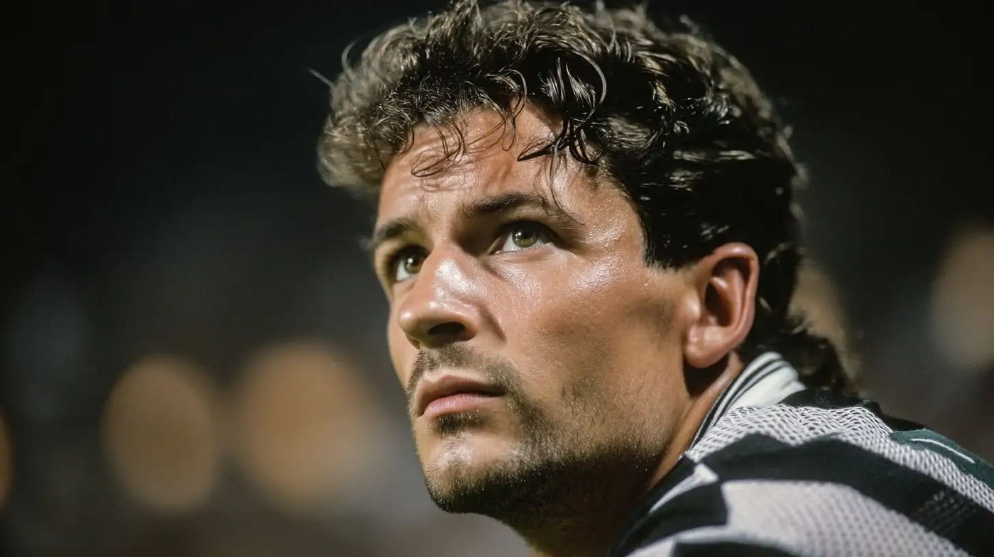 Roberto Baggio in a black and white striped Juventus football shirt looks up thoughtfully, with his curly dark hair and soft stadium lights glowing in the dark background.