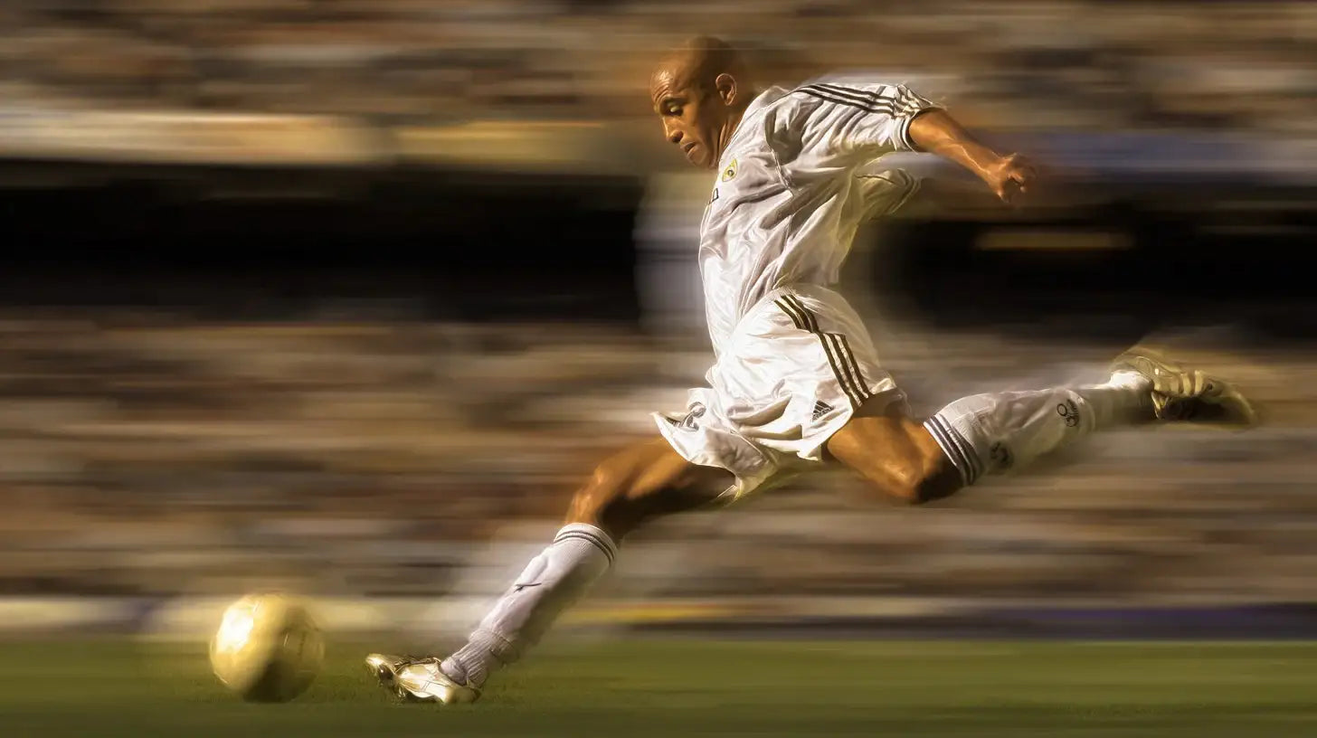 Roberto Carlos in a white Real Madrid football shirt with dark stripes on the sleeves strikes a powerful left footed shot, captured in full sprint with the blurred stadium and ball creating a golden motion effect.